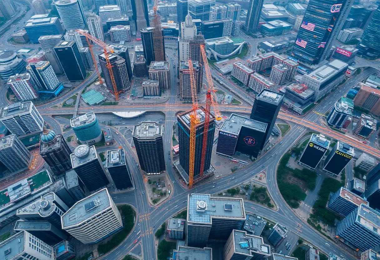 Aerial view of Lancaster showcasing construction and technological advancements.