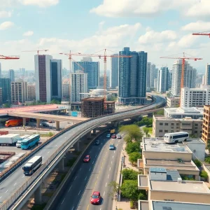 Urban skyline with cranes, infrastructure projects and sustainable construction elements in Latin America