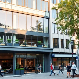 Modern mixed-use office building at 300 E. McBee Ave. with balcony, cafe and office windows in downtown Greenville