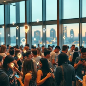 Attendees at a networking event using smartphones with digital connection overlays and city skyline visible