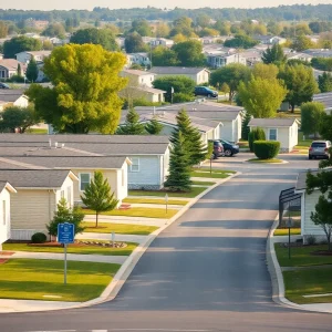 Row of modern manufactured homes with porches and trees in a residential community