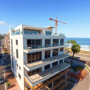Rendering of a 3-4 story Marriott Tribute hotel with rooftop terrace near Santa Barbara beachfront
