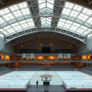 Interior rendering of scaled-back multiuse arena inside Merle Hay Mall with removable ice and volleyball courts