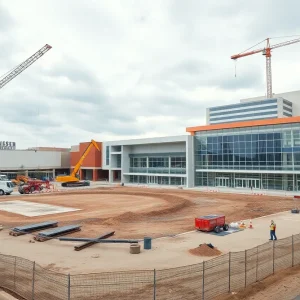 Demolition and conceptual rendering of a new multipurpose arena at a suburban mall site with cranes and construction equipment.