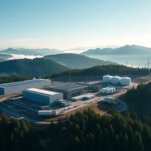 Aerial view of chemical plant and 16-MW electrolyzer in forested Southern Alps