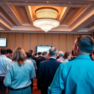Groups of lenders and originators discussing servicing, growth and market data at a mortgage industry conference in a hotel ballroom
