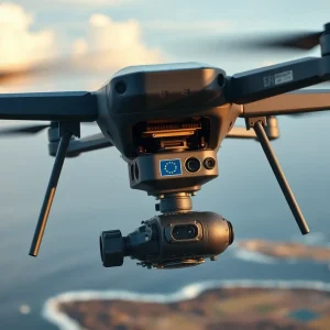 European NedEye drone gimbal mounted on a tactical UAV in flight