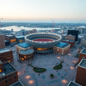 Aerial view of a proposed sports district with a modern stadium, plazas, and mixed-use buildings in an urban setting