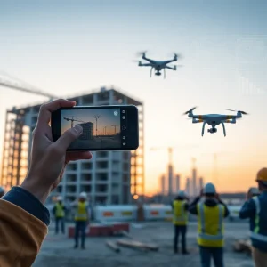 Construction site with workers using smartphones, drones and BIM overlays showing progress tracking