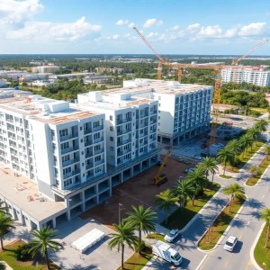 Rendering of Parks at Davie: four five-story residential buildings, clubhouse and retail adjacent to a college campus