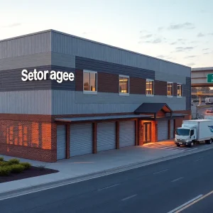 Rendering of a six-story climate-controlled self storage facility at a highway interchange with trucks and landscaped frontage