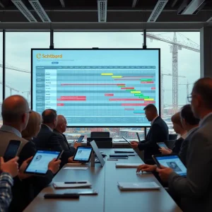 Digital construction schedule with minute-level timelines and shift lanes displayed on a large screen at a jobsite office