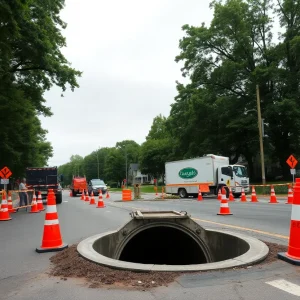 Municipal crew using trenchless equipment and safety barriers on a residential Princeton street during sewer rehabilitation work