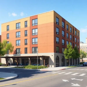 Rendering of proposed five‑story Ramona Senior Housing building with a courtyard and paratransit pick‑up area at the Pasadena Civic Center