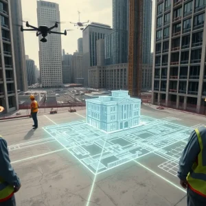 Construction site with drones, laser projection of building plans and 3D digital overlay