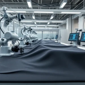 Modular robotic assembly applying microadhesive to fabric in a modern factory for bonded apparel production.