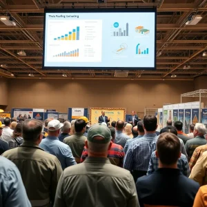 Conference keynote at an industry expo with roofing contractors and projection screen showing abstract charts