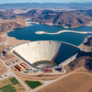 Aerial view of the Sites Reservoir construction site in California