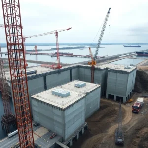 Aerial view of Soo Locks construction site with tower cranes, concrete monoliths and excavation