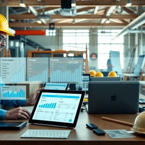Construction office with tablets showing digital receipt capture and job-level expense dashboard overlay
