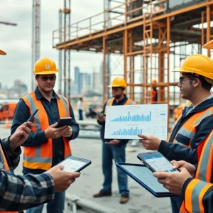 Project team viewing an expense management dashboard on tablets in a construction site office