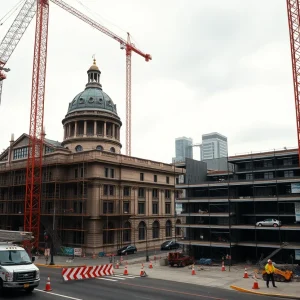 Historic courthouse restoration and downtown construction site in St. Louis with cranes, scaffolding and distant workers