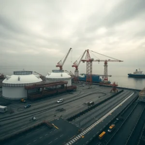 Texas LNG export facility under construction at Port of Brownsville with LNG tanks, cranes, and a tanker in the harbor