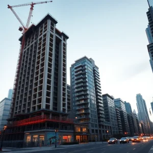 Tribeca skyline with construction crane and modern residential towers at dusk