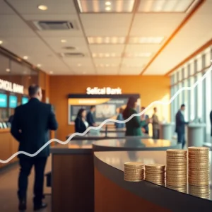Interior of a modern bank branch with a translucent upward stock chart overlay symbolizing earnings and dividend growth