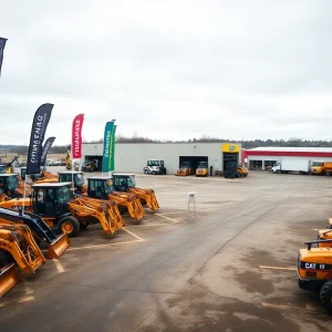 Construction equipment dealer lot with new machines and a reduced row of used units being prepared for rental