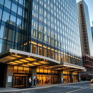 Exterior view of a large downtown hotel by a subway entrance with nearby construction and evening city lighting