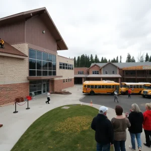 Washington school campus with construction, new classroom addition and bus loop reflecting levy-funded upgrades