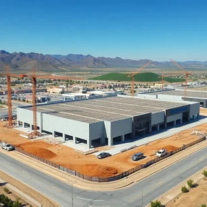 Aerial view of Whitney Ranch retail center construction site with cranes, supermarket structure and retail pad foundations