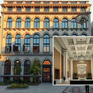 Restored Renaissance Revival exterior and grand foyer with Doric columns at 55 Elm Club, Hartford