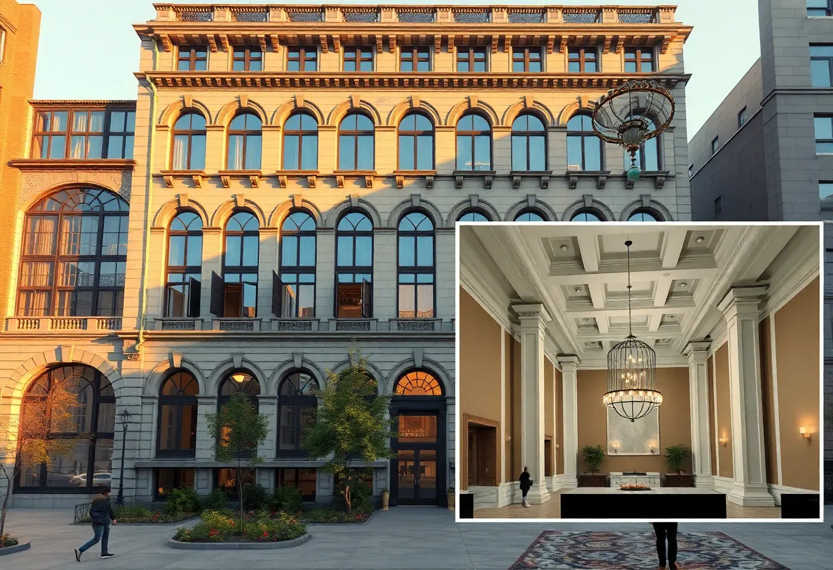 Restored Renaissance Revival exterior and grand foyer with Doric columns at 55 Elm Club, Hartford