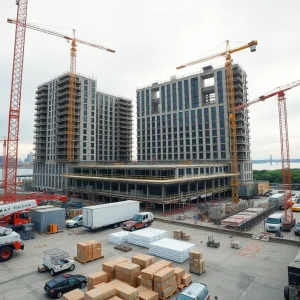Construction site at 550 West 21st Street in West Chelsea with cranes, concrete work and Hudson River in the background
