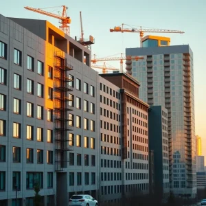 Exterior of select-service hotels with one property under renovation and a crane in the background, representing hospitality financing activity.