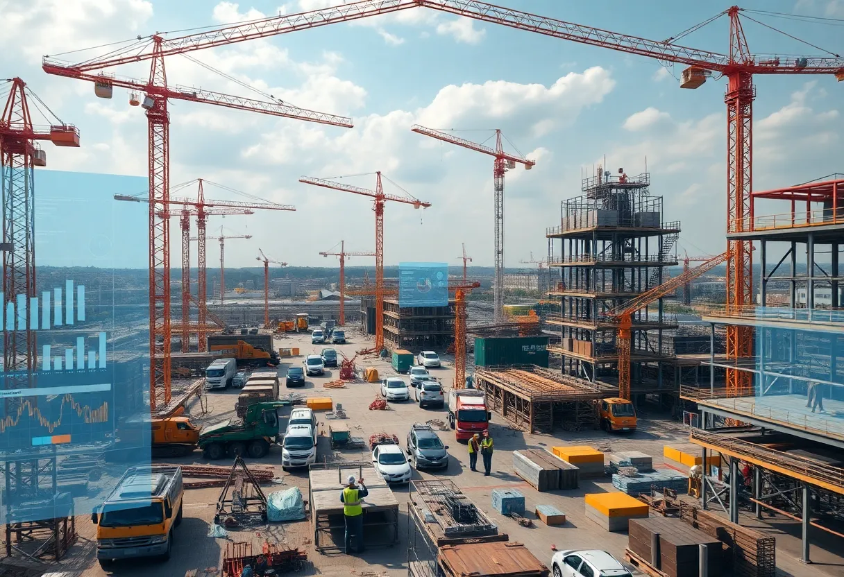 Construction site with holographic BIM overlays, drones, and workers using tablets