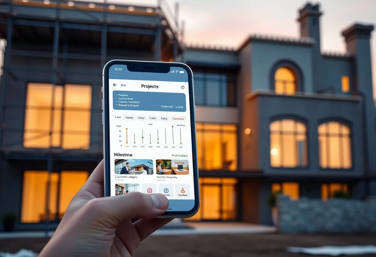 Smartphone displaying a construction project management app with progress timeline, approvals and site photos at a luxury building site