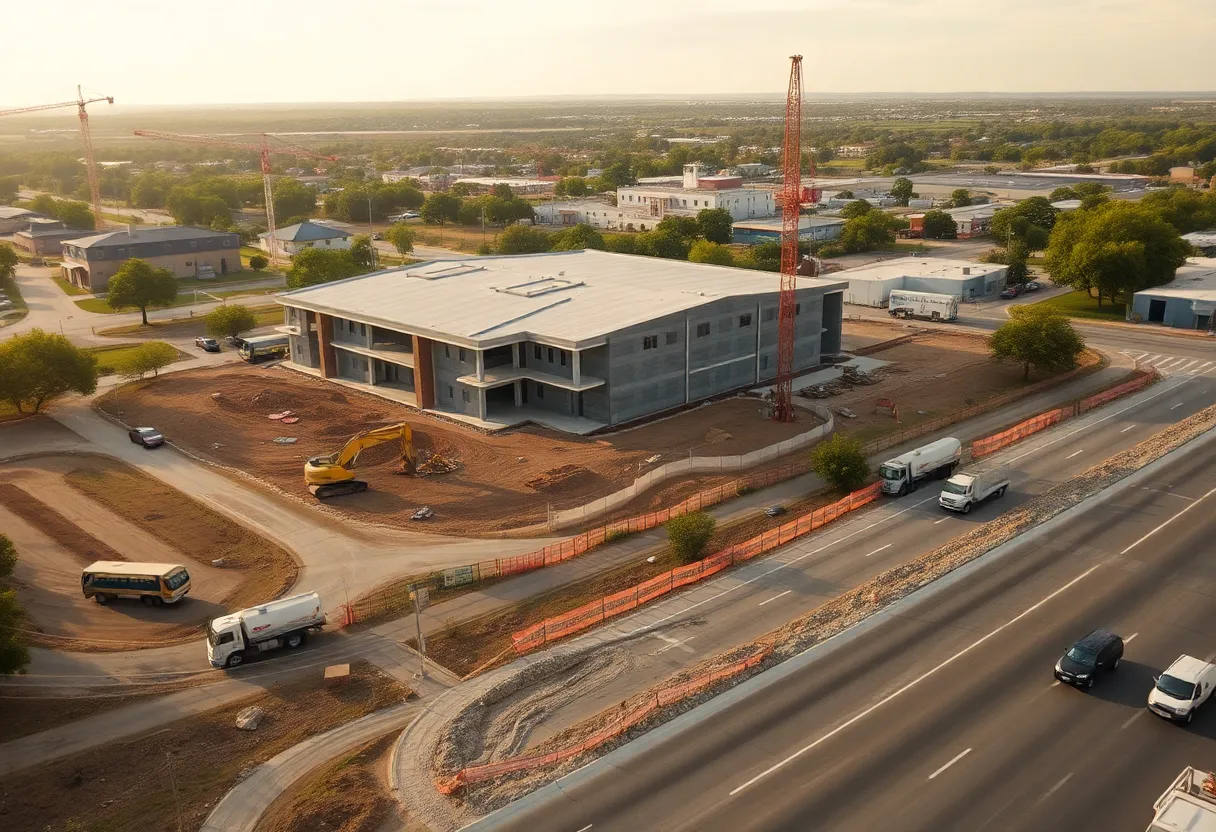 Aerial view of construction site with cranes, a partially built school, roadwork and heavy equipment in Baton Rouge