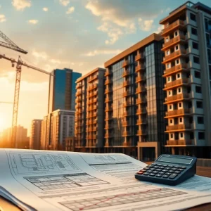 Urban construction site with cranes, blueprints and loan documents in front of a modern bank building representing expanded bridge lending capacity