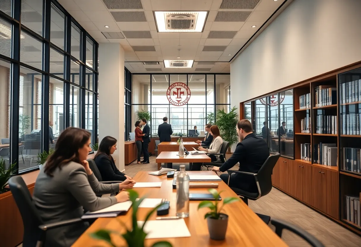 Office environment showcasing collaboration in a law firm after acquisition