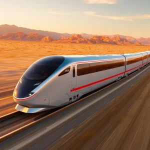 Rendering of the Brightline West high-speed rail project in a desert landscape