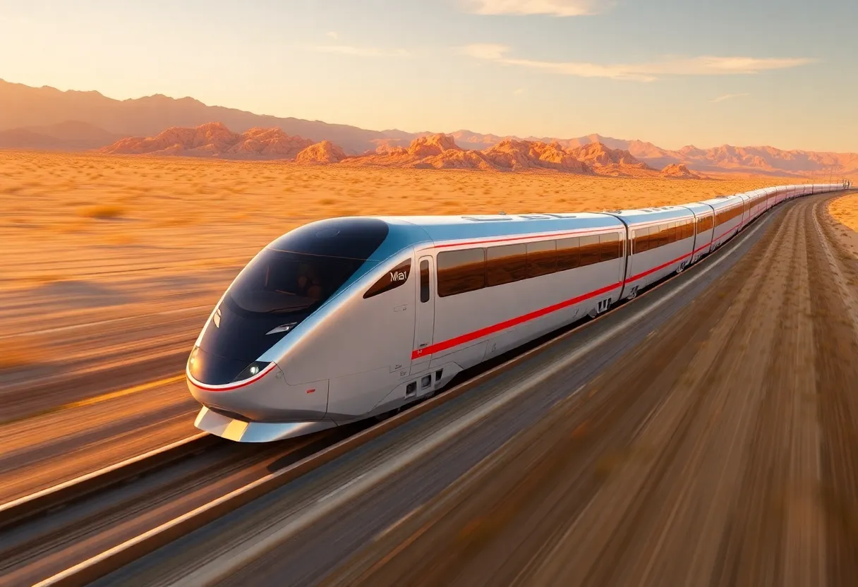 Rendering of the Brightline West high-speed rail project in a desert landscape