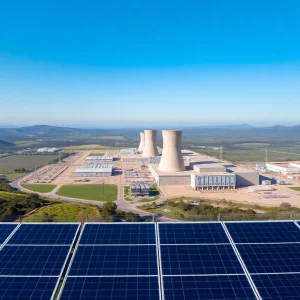 Nuclear power plant in California with solar panels in the foreground
