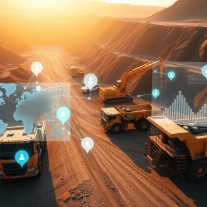 Open-pit mine with heavy equipment and translucent digital overlays representing fleet and asset management software