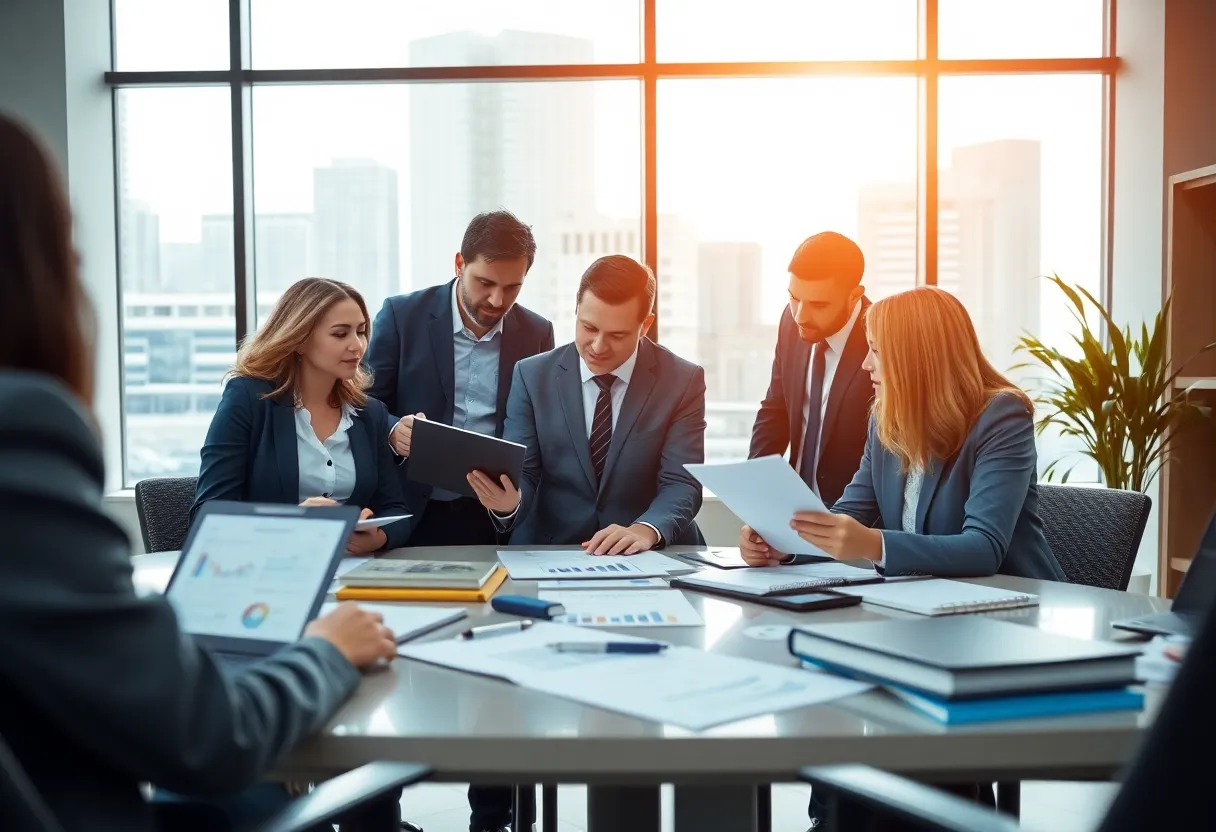 Office team discussing financial strategies in an accounting firm