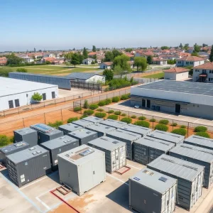 Aerial view of containerized battery units beside self-storage buildings and nearby homes in Chula Vista.