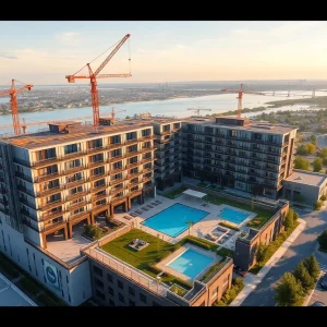 Rendering of mid-rise Cityview Station apartments under construction with river and city skyline in the background