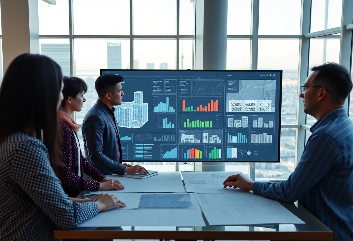 Team collaborating around a large digital screen showing AI-driven preconstruction interface and cost visualizations in an office with a city skyline.